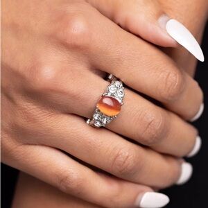 NEW Boutique Orange Moonstone & Silver Diamond Stretch Band Ring Jewelry